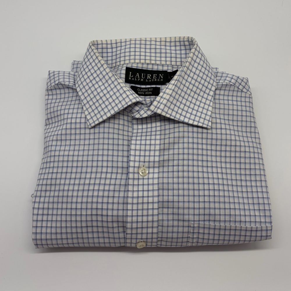 Lauren Ralph Lauren Long Sleeve Button Front Shirt Blue Check 16 34/35 No Iron